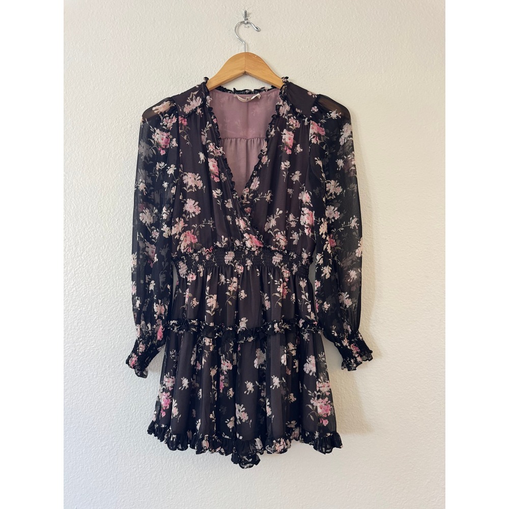 LoveShackFancy Silk Floral Romper Smocked Ruffle Long Sleeve Sz P Black Pink Exc